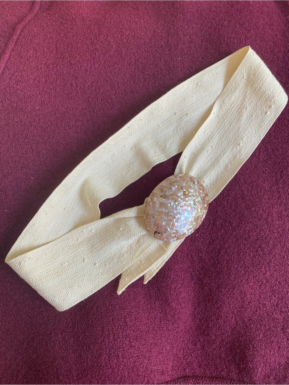 Mother of Pearl Mosaic Belt Buckle Cream Sash Iridescent Shell Boho Coastal VTG